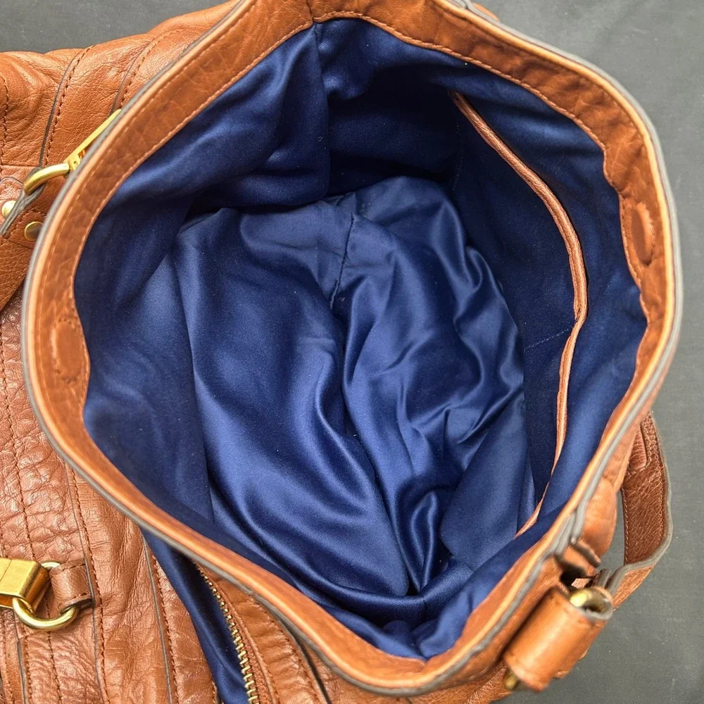 Juicy Couture Brown Buffalo Leather Satchel Crossbody Bag Gold Hardware Navy
